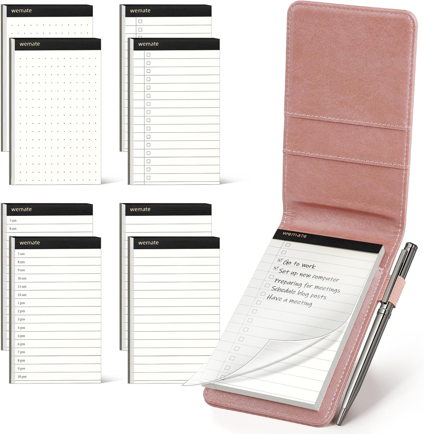 WEMATE 10 Pieces Small Notepad Holder Set Pocket Notebook - Included Mini Pocket Notepad Holder Set with 8 Memo Book Refills and Metal Pen for Meetings, Daily Records, and Notes 3 x 5 Inch (Black)