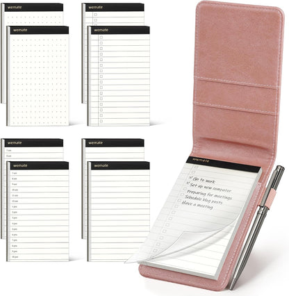 WEMATE 10 Pieces Small Notepad Holder Set Pocket Notebook - Included Mini Pocket Notepad Holder Set with 8 Memo Book Refills and Metal Pen for Meetings, Daily Records, and Notes 3 x 5 Inch (Black)