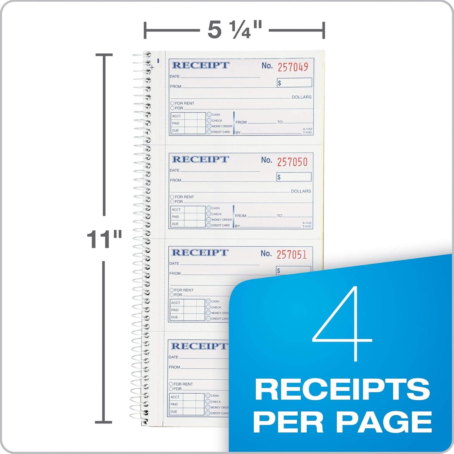 Adams Money and Rent Receipt Book, 2-Part Carbonless, 5-1/4" x 11", Spiral Bound, 200 Sets per Book, 4 Receipts per Page (SC1152)
