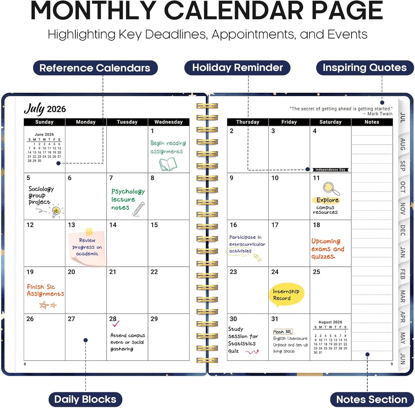 Planner 2026-2027, Academic Year Monthly and Weekly Calendar Planner, Jul 2026 - Jun 2027, Hardcover Teacher Student Planning Agenda book with Tabs, Perfect for School Office Supplies, 6.3" x 8.5" - Wildflowers