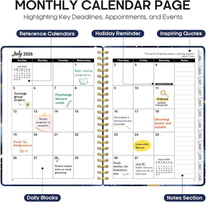 Planner 2026-2027, Academic Year Monthly and Weekly Calendar Planner, Jul 2026 - Jun 2027, Hardcover Teacher Student Planning Agenda book with Tabs, Perfect for School Office Supplies, 6.3" x 8.5" - Wildflowers