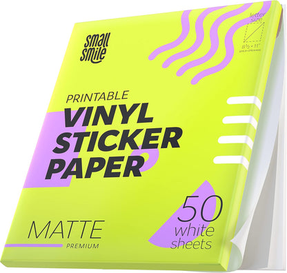 Premium Printable Vinyl Sticker Paper for Inkjet Printer and Laser - 20 White Matte Sticker Paper Waterproof - Durability Adhesive Paper 8.5 x 11, Fast Dry, Holds Ink Well, Great for Cutting Machines