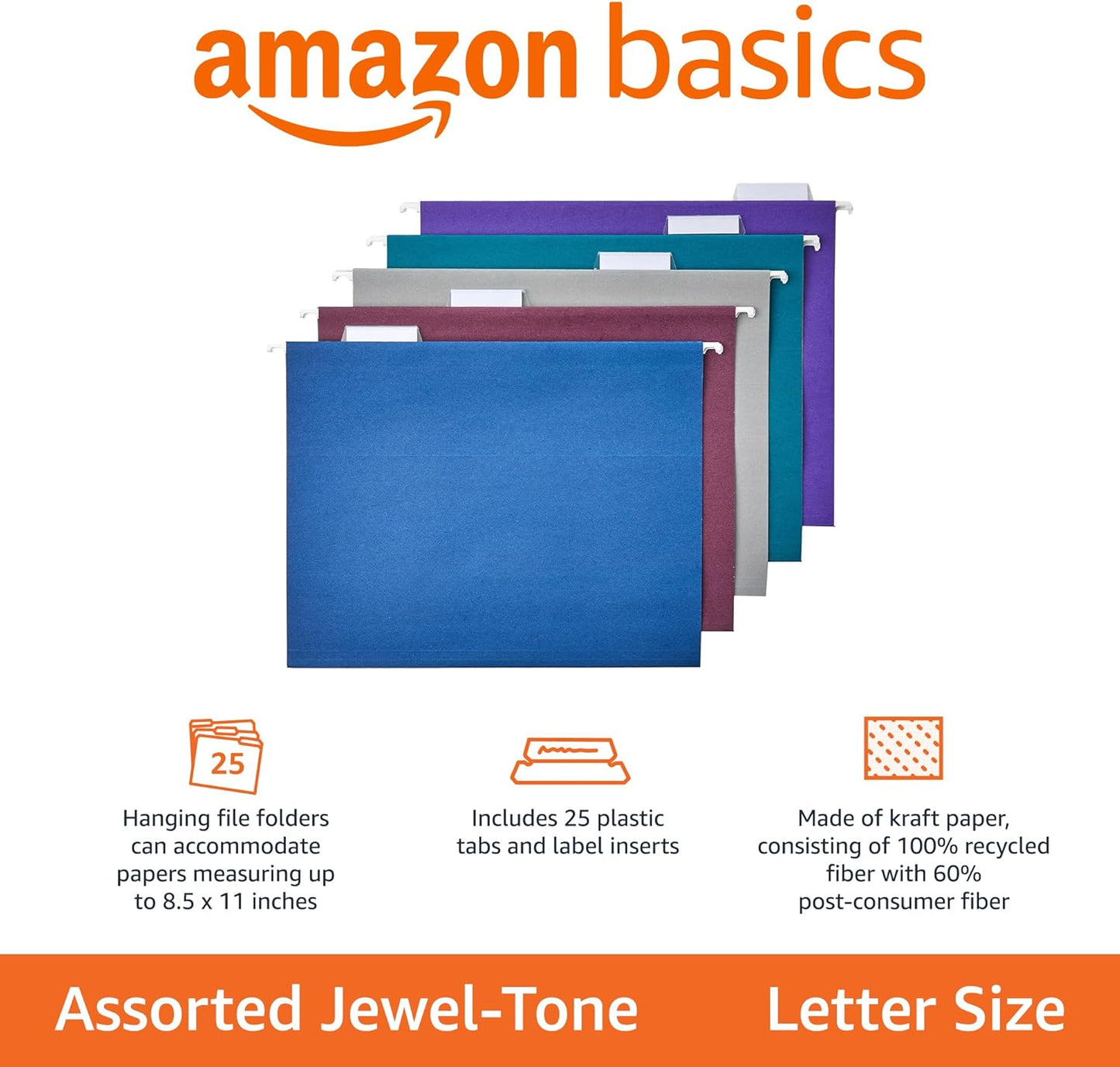 Amazon Basics Hanging File Folders with Adjustable Tabs, Sturdy Expandable Document Organizer, Letter Size 8.5x11 inch, Green, 25-Pack