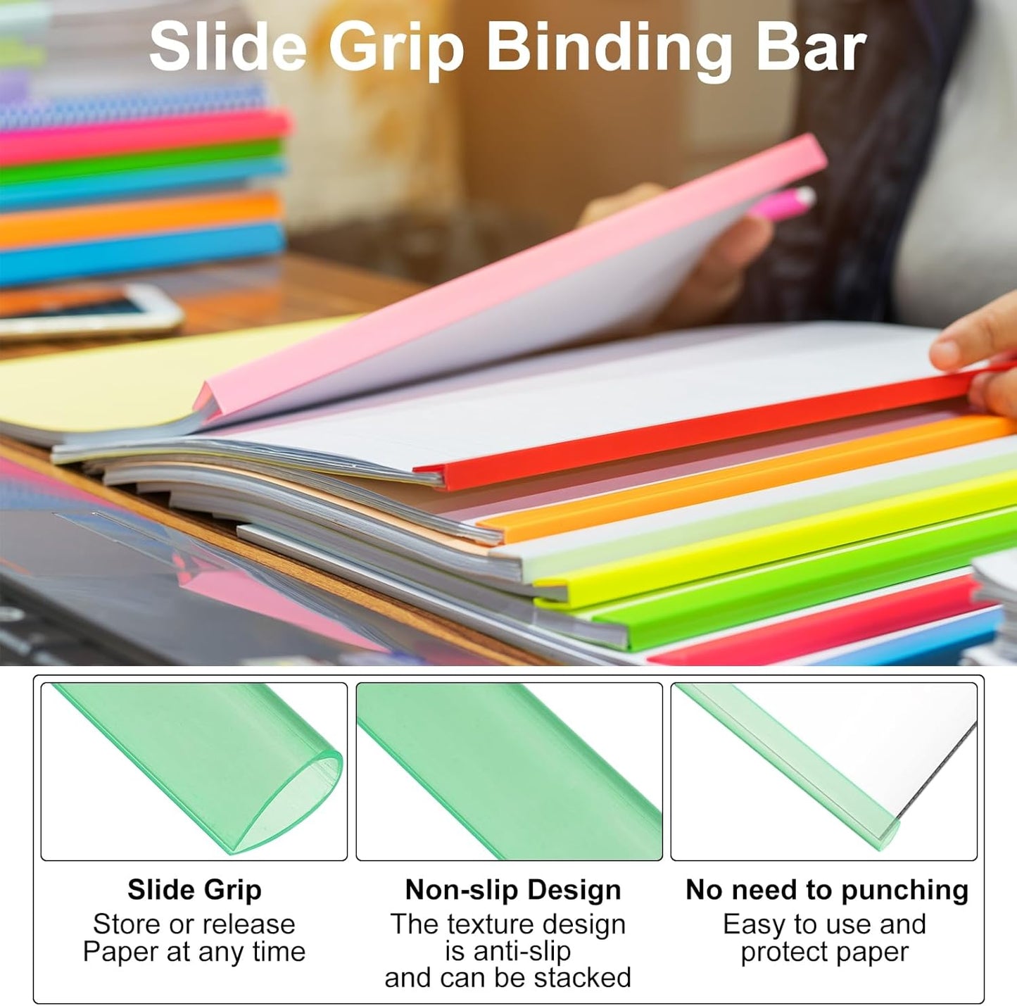 PATIKIL 100Pcs Binding Bars, 8mm Binding Bars Slide Grip 50 Sheets Capacity A4 Size Report Binder Teardrop Shape Presentation Binder for Report Cover Resume, Clear Blue