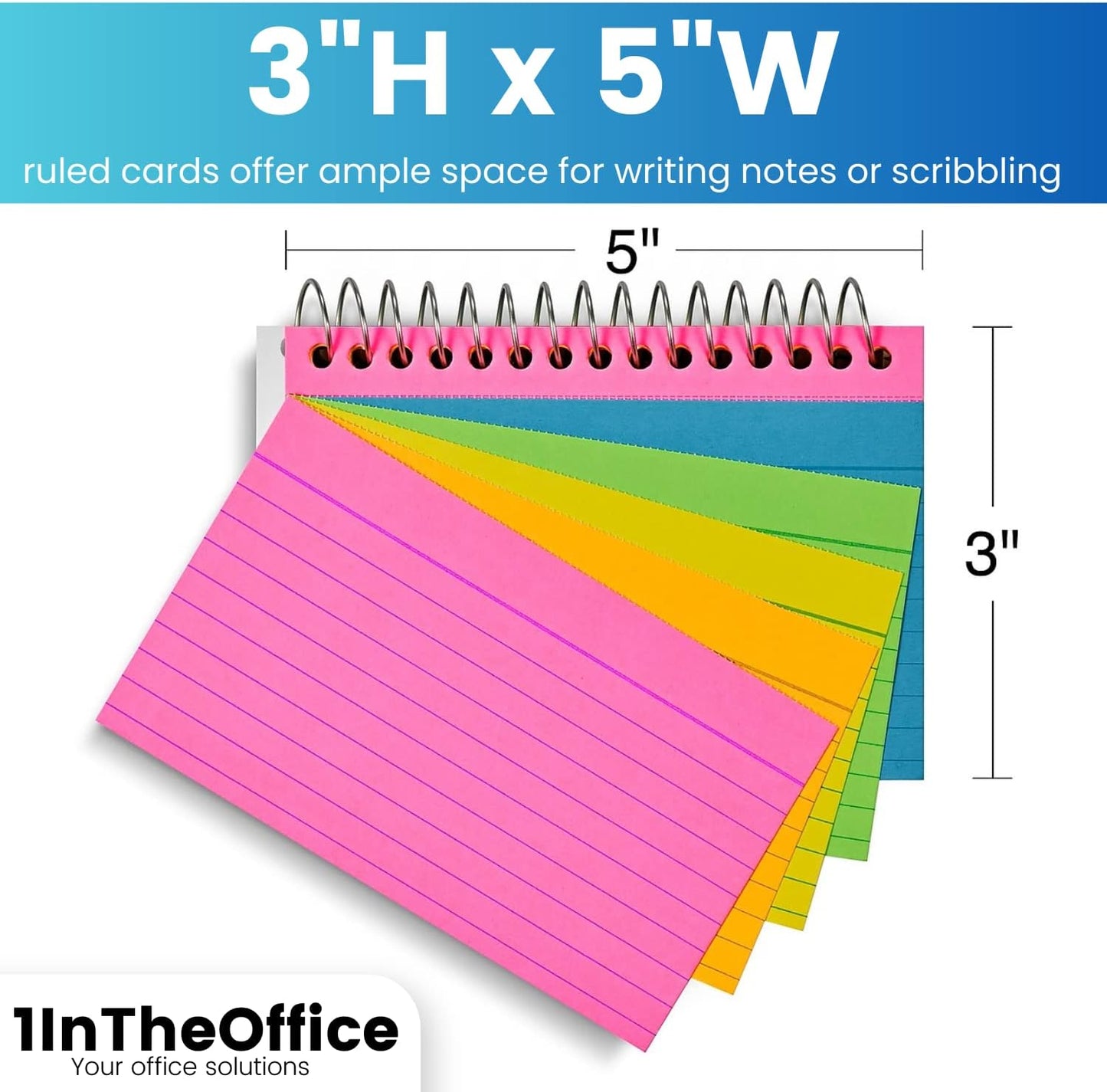 1InTheOffice Spiral Index Cards 3x5, Ruled Neon, Lined, Assorted Colors, 50 Cards/Pack (4 Pack)