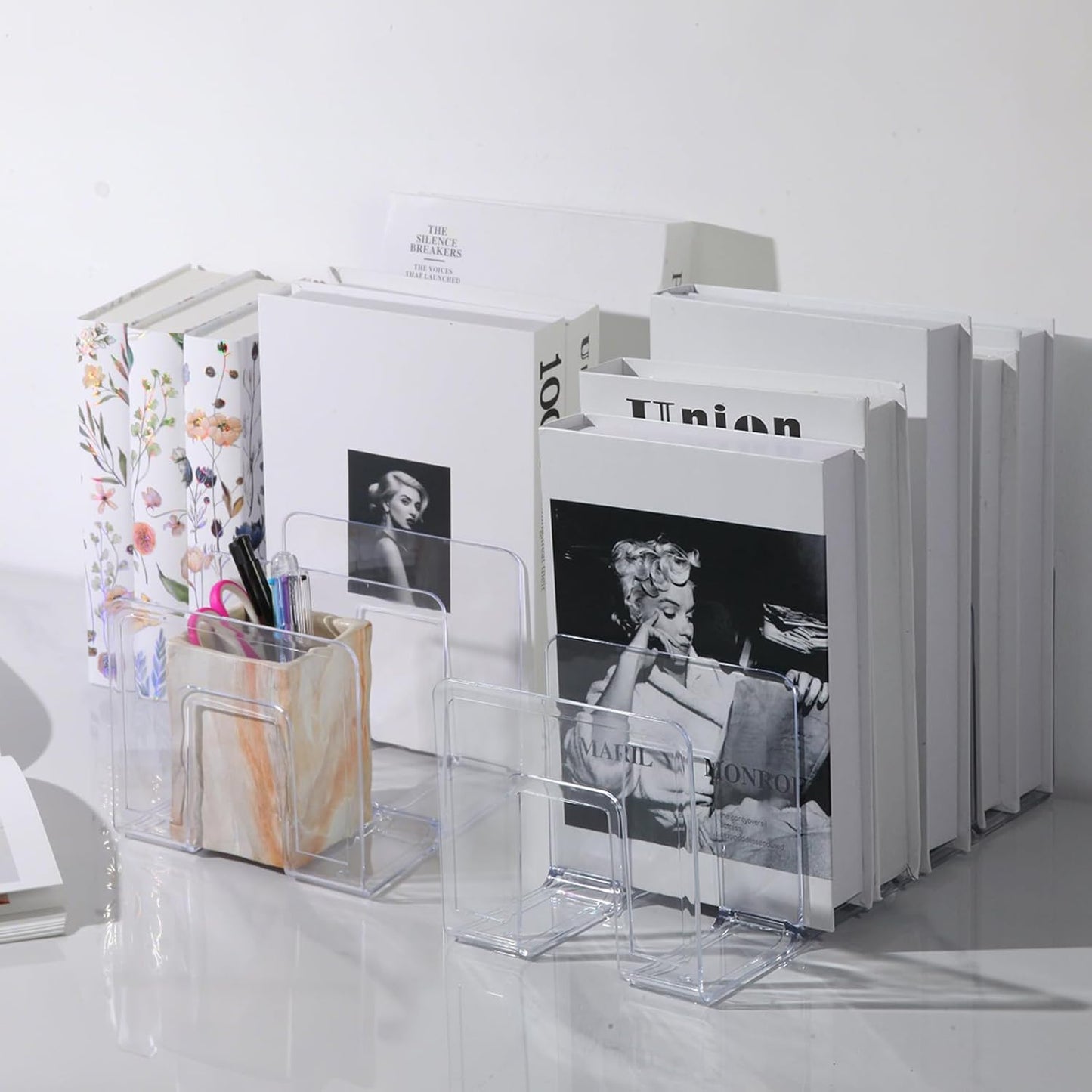 4 Pack Clear Acrylic File Sorter, Sturdy Desktop Book Folder Organizer, 4 Section Purse Handbag Clutch Divider for Closet, Office Storage Rack Holder for Letter, Binder, Document, Electronics