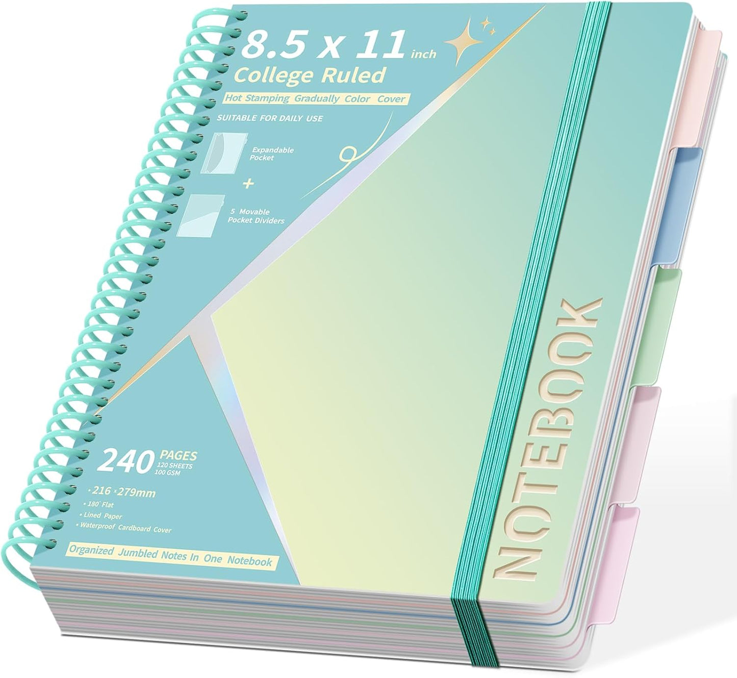 Hardcover Spiral Notebooks 8.5" X 11" Note Taking 5 Subject Notebook College Ruled with Dividers 240 Pages 100GSM Aesthetic Spiral Notebook for Work School Cute Journals for Women Writing