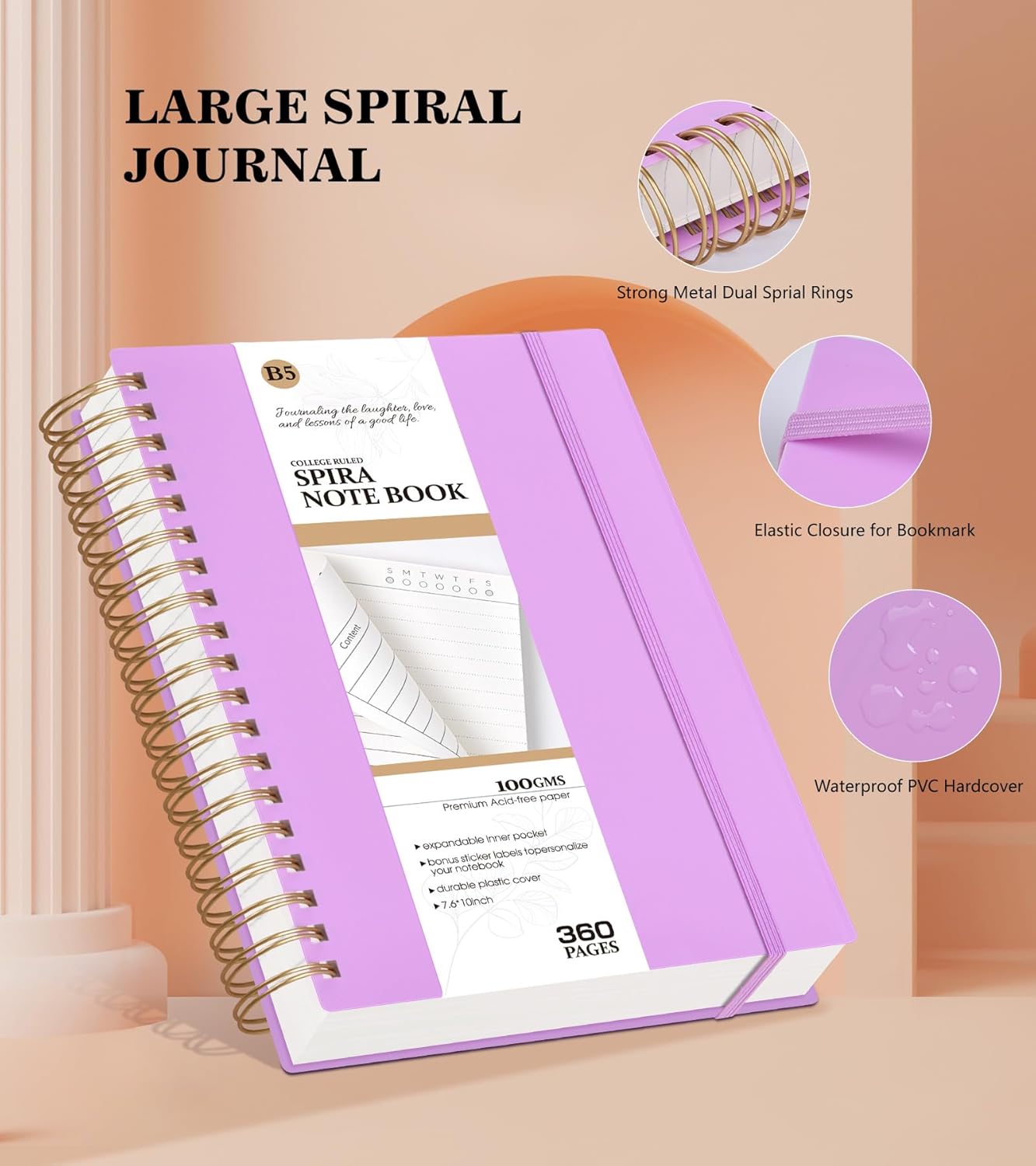 MUAHLIUB Spiral Notebook Journal College Ruled, 360 Pages Lined Thick Journals for Women Men, B5 Big Notebooks with 100GSM Paper, Spiral Bound Journaling for Writing Work School Black 7.6"×10"