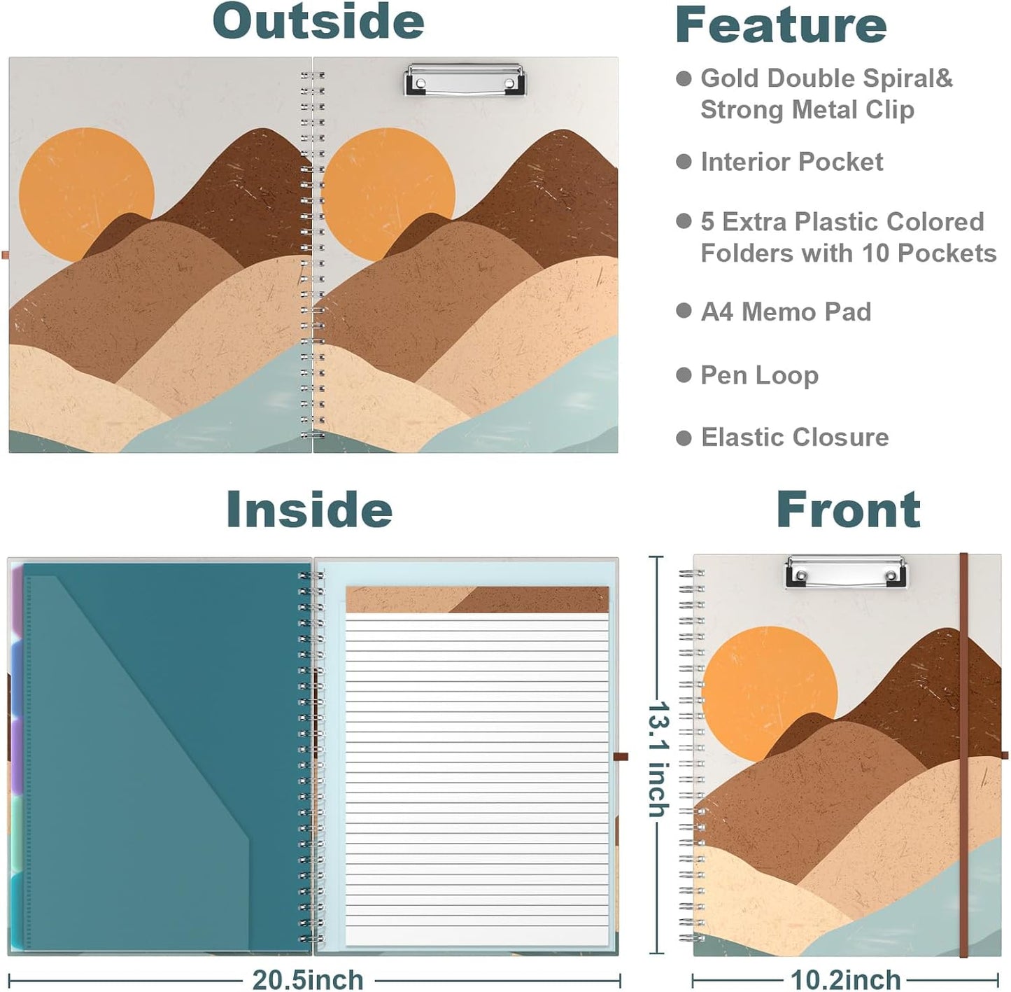 Hongri Clipboard Folio with Refillable Lined Notepad, 8.5 x 11 Folders with Storage 10 Pockets, Spiral Portfolio, Size 12.8X 9.7 in, Office & School Supplies, Skeleton