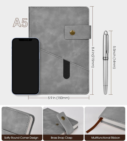 Lined Journal Notebook with Pen, A5 Personalized Hardcover Leather Journal for Men Women, 200 Pages 100 GSM Thick Paper College Ruled Notebooks for Work Travel School Writing Diary 5.9" X 8.4" Black