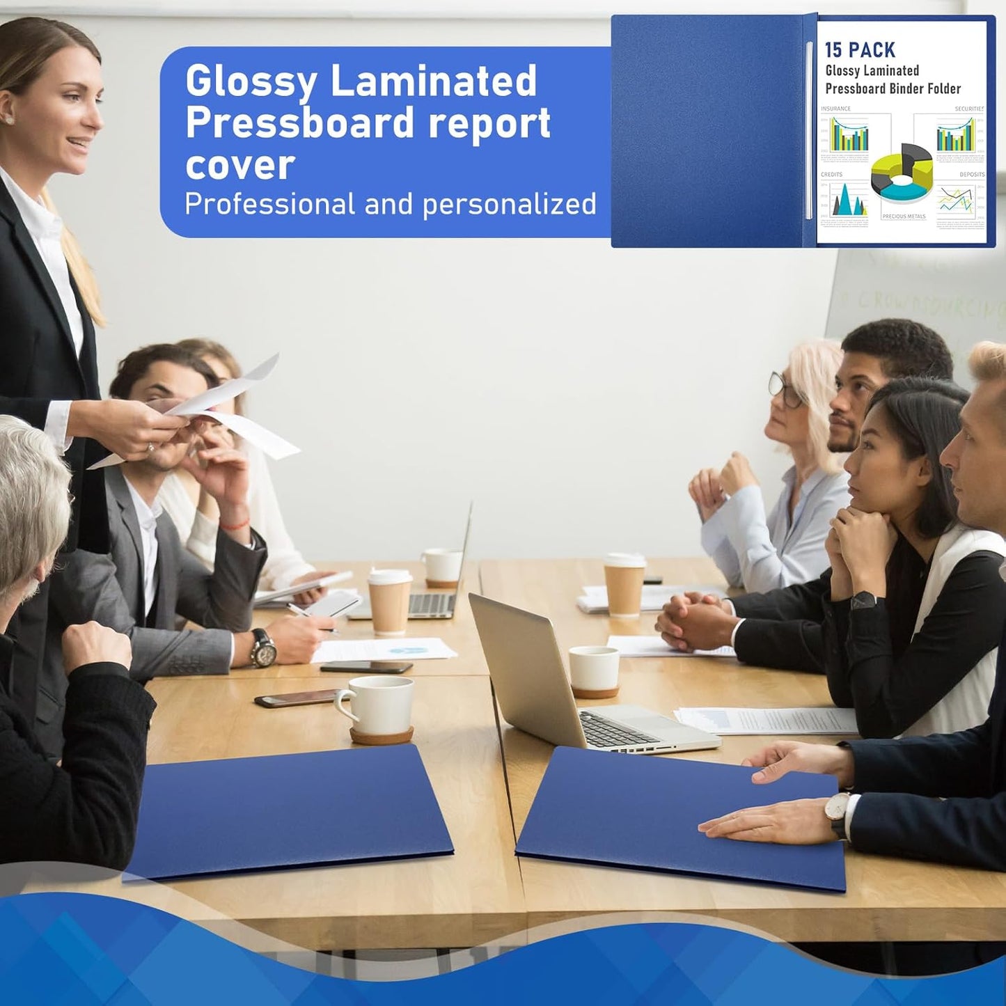 Resurhang 15 Pack 8. 5 x 11 Blue Pressboard Report Covers, Letter Size Paper Folders with Metal Prong Fastener, 3'' Capacity Glossy File Documents Presentation Binder Portfolios Holders