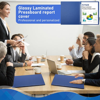 Resurhang 15 Pack 8. 5 x 11 Blue Pressboard Report Covers, Letter Size Paper Folders with Metal Prong Fastener, 3'' Capacity Glossy File Documents Presentation Binder Portfolios Holders