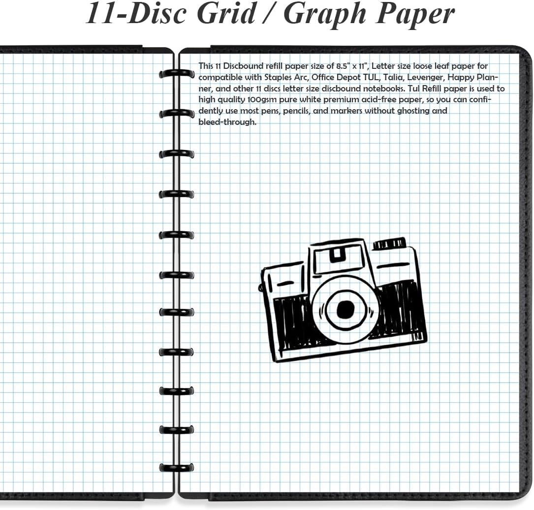 A4 TUL Discbound Grid Filler Paper - 11 Disc Graph Paper, Letter Size 100Sheets / 200Pages Loose-Leaf Paper, 100gsm White Paper, 8.5'' x 11''
