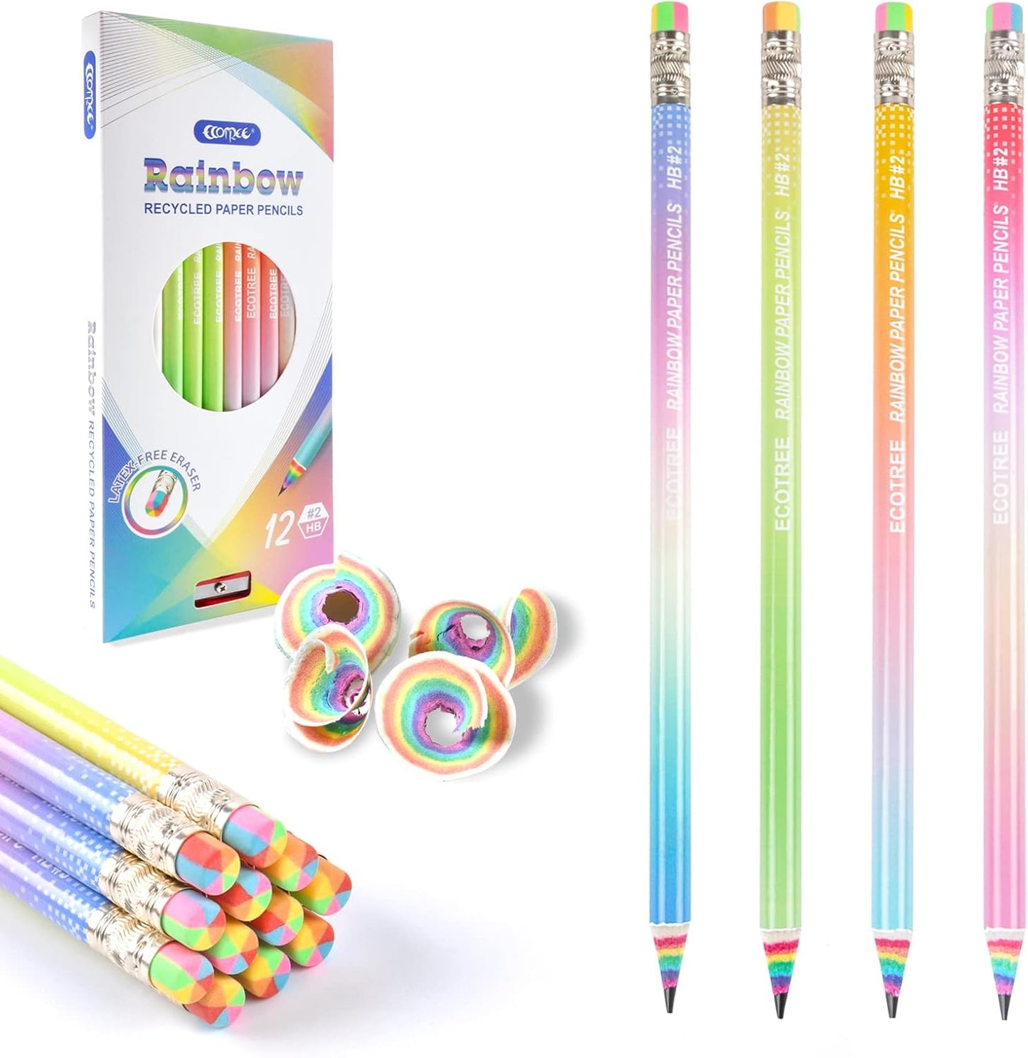 ECOTREE Pre-sharpened Pencils #2 Eco Rainbow Paper Pencil Cute Pencil for Kids Number 2 Pencils with Erasers for School, Writing, 12 Count