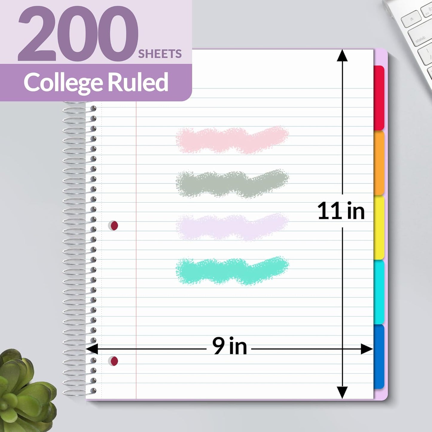 SUNEE 5 Subject Graph Paper Notebook - 400 Pages, 9"x11", 4x4 Graph Ruled Notebook, 5 Pocket Colored Dividers, 3-Hole Punched Paper, Black