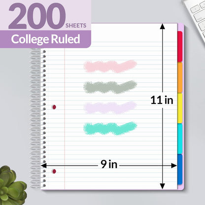 SUNEE 5 Subject Graph Paper Notebook - 400 Pages, 9"x11", 4x4 Graph Ruled Notebook, 5 Pocket Colored Dividers, 3-Hole Punched Paper, Black