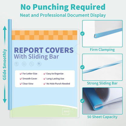 Binditek 10 Pack Clear Report Covers with Sliding Bars, 50 Sheet Capacity, 6mm Sliding Bar File Folder, Purple Gradient, for Students and Coworkers