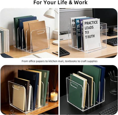 Acrylic Magazine File Holder, 4 Vertical Compartments Desk Document Sorter Organizer, Clear Folder Rack Binder for Office, Tablets, Magazines, Books – Home/Classroom Rack, 5mm Thick