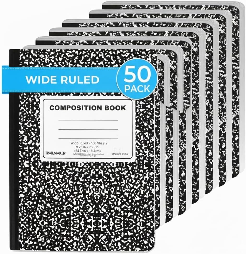 Trail maker (50 Pack Bulk Composition Notebooks, Wide Ruled Marble Cover, 200 Pages (100 Sheets), 9.75 x 7.5, Bulk School Supplies for Classroom, Office & School Donations