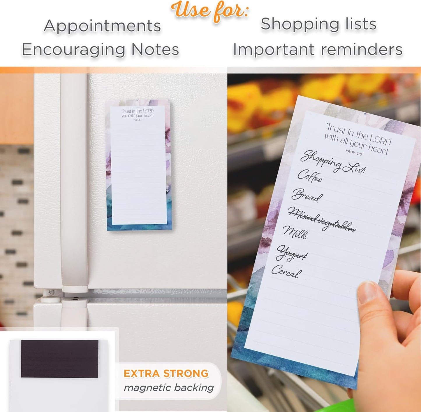 Christian Art Gifts Compact Magnetic Notepad & Medium Ballpoint Pen Set: Trust in the Lord Inspirational Scripture, Shopping Lists, Memos, Reminders, 70 Lined Easy Tear-off Sheets, Purple/Teal Floral