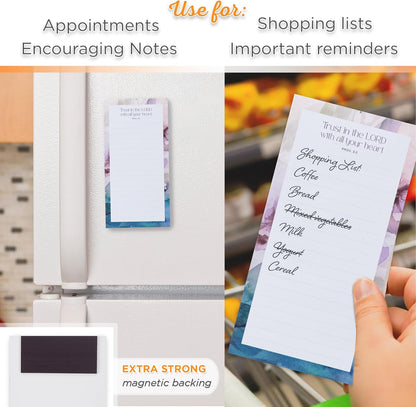 Christian Art Gifts Compact Magnetic Notepad & Medium Ballpoint Pen Set: Trust in the Lord Inspirational Scripture, Shopping Lists, Memos, Reminders, 70 Lined Easy Tear-off Sheets, Purple/Teal Floral