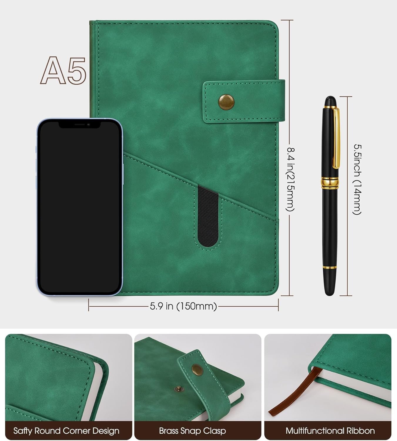 Lined Journal Notebook with Pen, A5 Personalized Hardcover Leather Journal for Men Women, 200 Pages 100 GSM Thick Paper College Ruled Notebooks for Work Travel School Writing Diary 5.9" X 8.4" Black