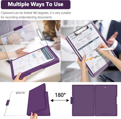 SFLHHDM Clipboard with Storage,Heavy Duty Clip Boards 8.5x11 with 2 Storage Case,Clear Visible Panel Storage Clipboards,Side Opening Nursing Clipboard Folder for Office Supplies-Light Purple