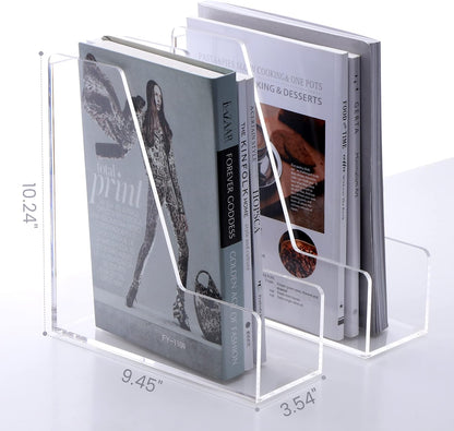 HeZone Acrylic Magazine Rack File Holder Desk Organizers and Storage 2-Pack Small Clear Acrylic Vertical Magazine Holder Book Stand for Office Desk