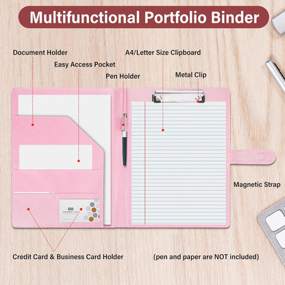 Professional Padfolio, Multi Function Faux Leather Portfolio Binder with Clipboard - Interview Resume Folder, Legal Document, Business Card Holder, for Office, Conference, Interviews (Black)