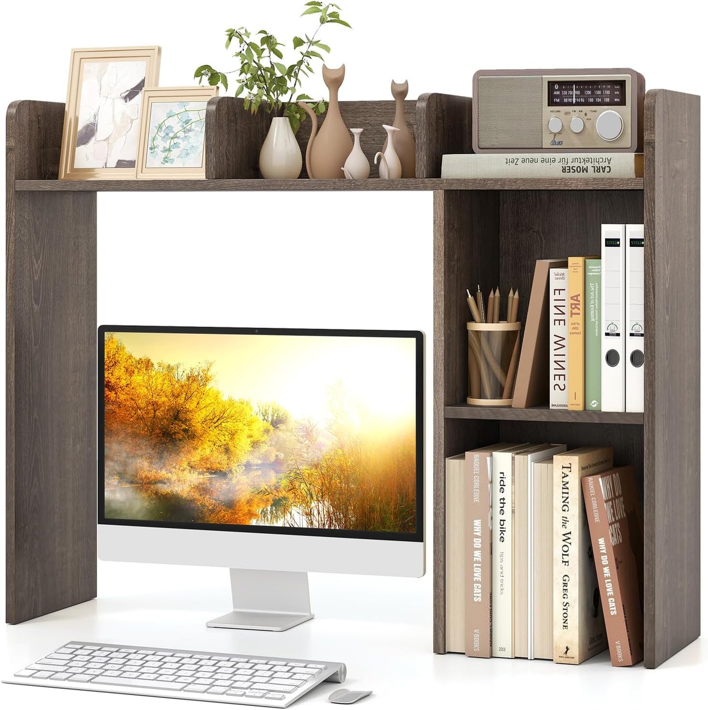 Tangkula Desktop Bookshelf, Countertop Storage Hutch with 5 Shelves for Computer Desk, Desk 3-Tier Display Rack, Multipurpose Wood Desktop Hutch Storage Organizer for Dorm Office Home