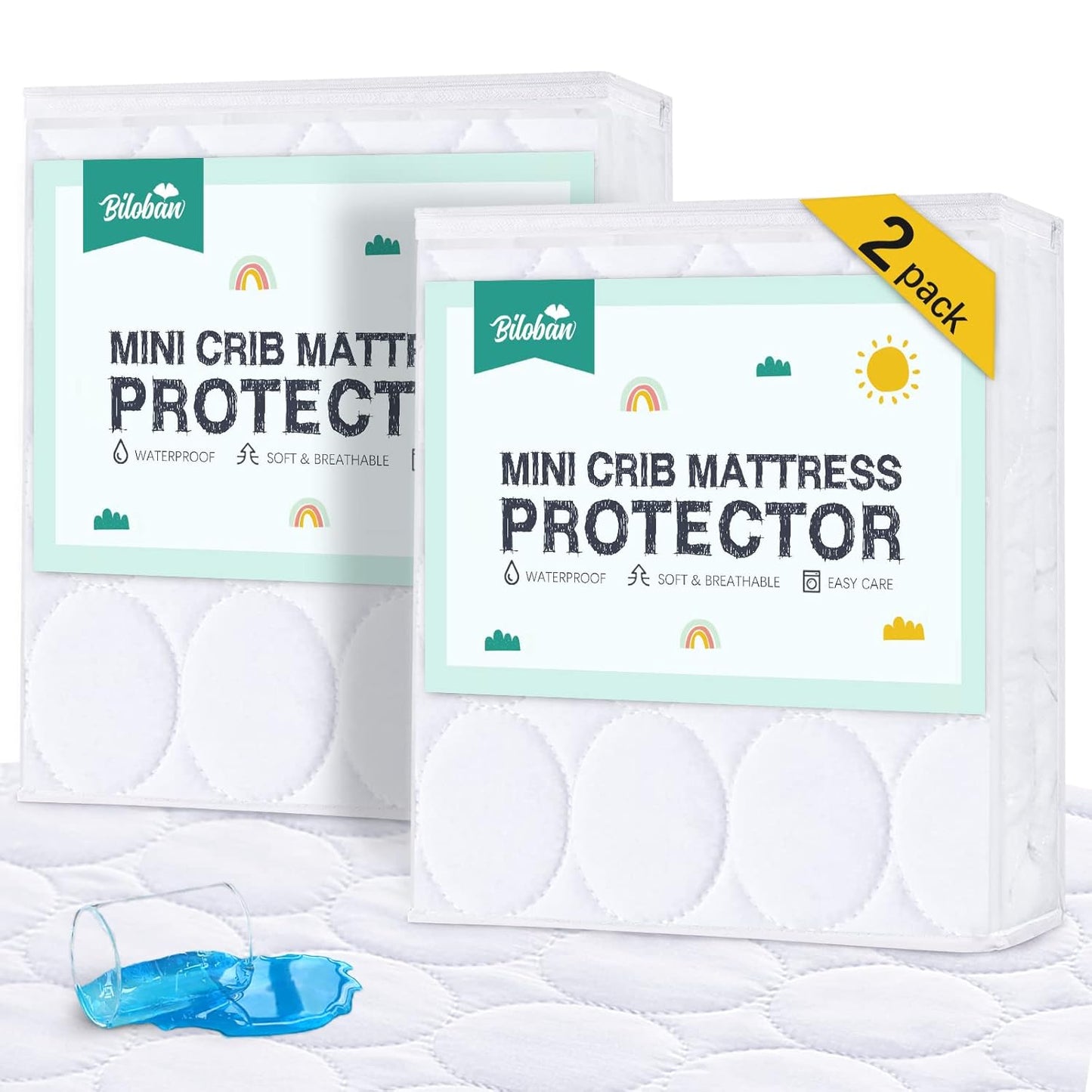 Crib Mattress Protector Sheets Waterproof 2 Pack, Quilted Crib Mattress Pad Cover Fitted Fits for Toddler Bed Mattress, White, 52” x 28”