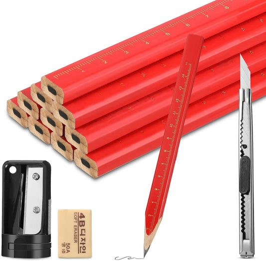 Clabby 10 Pcs Carpenter Pencils 7 Inches Flat Octagonal Hard Black Woodworking Construction Pencils Heavy Duty with Sharpener Utility Knife Eraser for Contractor Carpentry Worker Project Kits