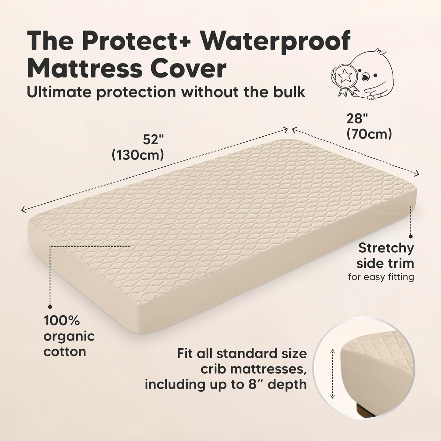 2-Pack Waterproof Crib Mattress Protector Cover Fitted - Quiet Baby Crib Mattress Pad Sheets, 52" x 28" Soft Quilted Cotton Baby Sheet, Machine Washable, Easy Fit, Durable (Soft White/Mavy)