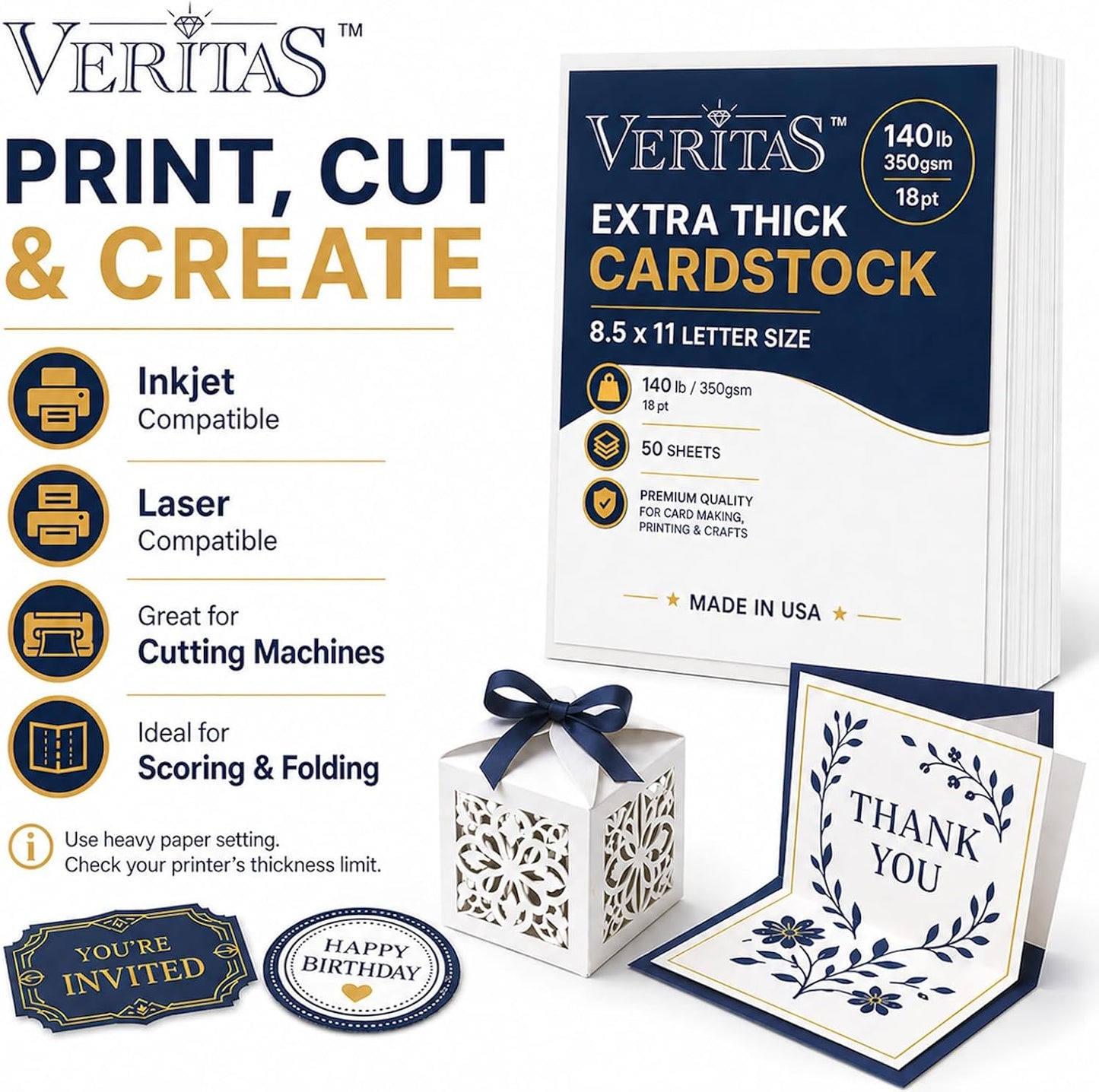 Veritas White Cardstock 8.5 x 11”, 110LB Index/199GSM Heavyweight Card Stock, 100 Sheets, Thick Cardstock Printer Paper for Copy, Printing, Art Projects, Invitations, Made In USA