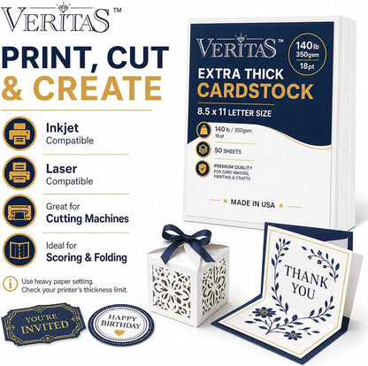 Veritas White Cardstock 8.5 x 11”, 110LB Index/199GSM Heavyweight Card Stock, 100 Sheets, Thick Cardstock Printer Paper for Copy, Printing, Art Projects, Invitations, Made In USA