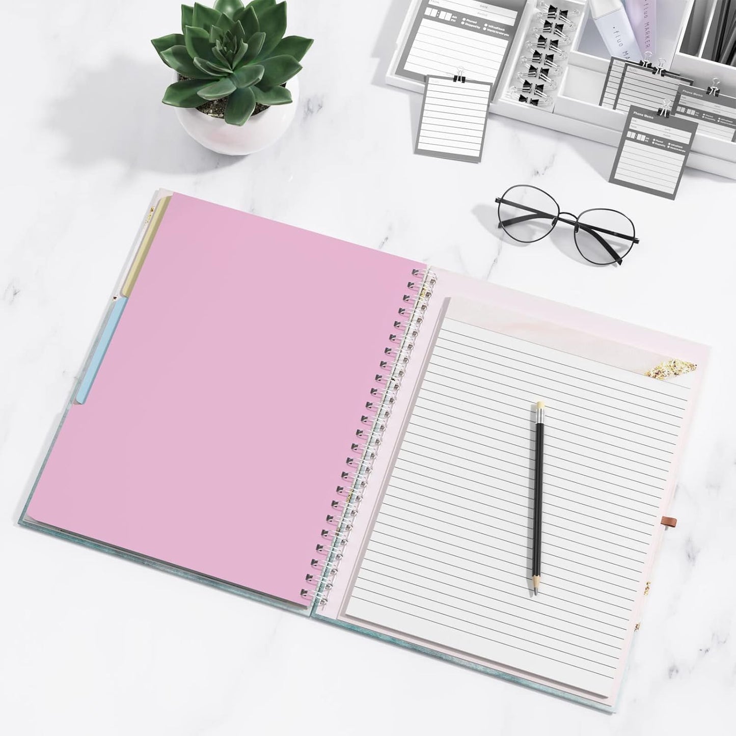 Rimilak Spiral Clipboards Folio with Refillable Lined Notepad, 14.5 x 9.8 In, Hardcover Cover with 5 Interior Pockets, Elastic Band and Pen Loop Series. Cute Stylish Clipfolio, Daisy Flower