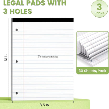 Legal Pads 8.5x11, White Notepads 8.5x11, Wide Ruled Lined with 3 Hole Punch, Loose Leaf Notebook Paper for 3 Ring Binders, 3 Pack, 30 Sheets/Pack, Perforate for School, Office, Home