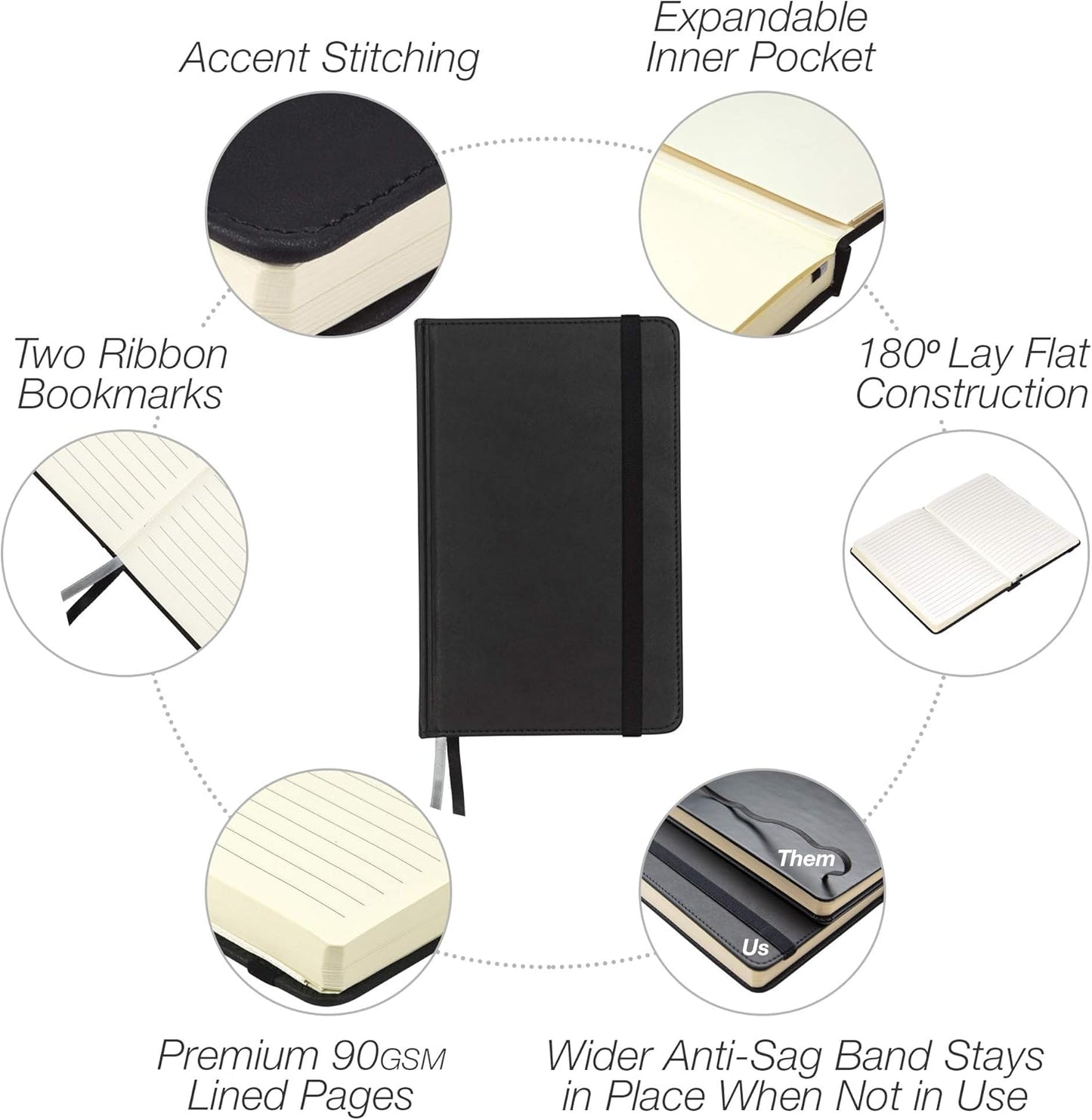 Samsill Large Hardcover Notebook, 240 Lined Notebook Pages, Black, 7.5 x 10 Inch