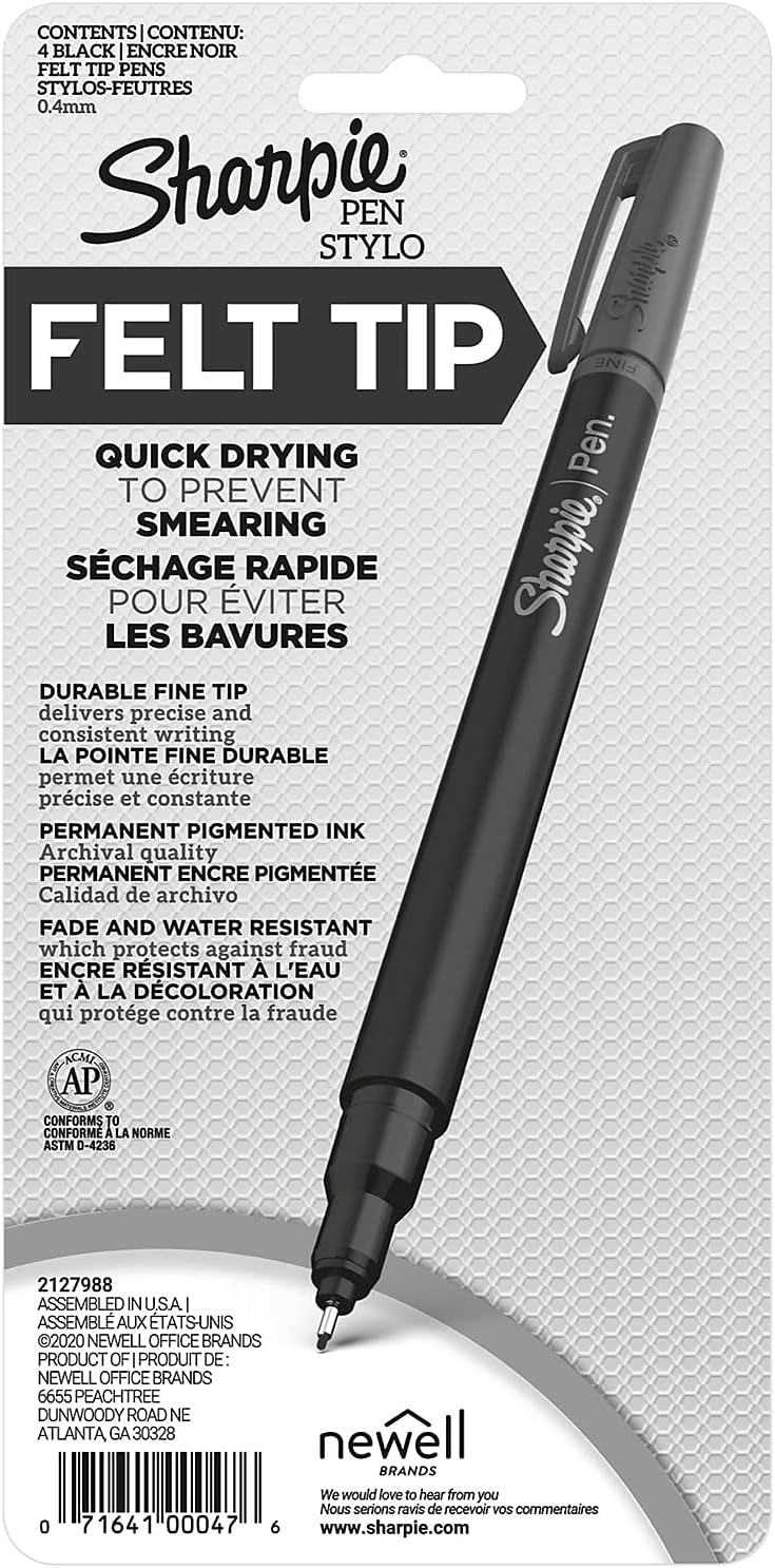 Sharpie Felt Tip Pens, Fine Point (0.4mm), Black, 4 Count - Art Markers, Journaling, Drawing