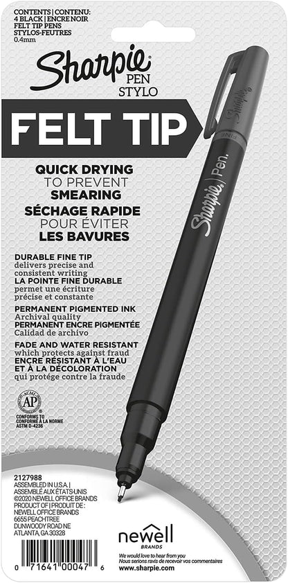 Sharpie Felt Tip Pens, Fine Point (0.4mm), Black, 4 Count - Art Markers, Journaling, Drawing