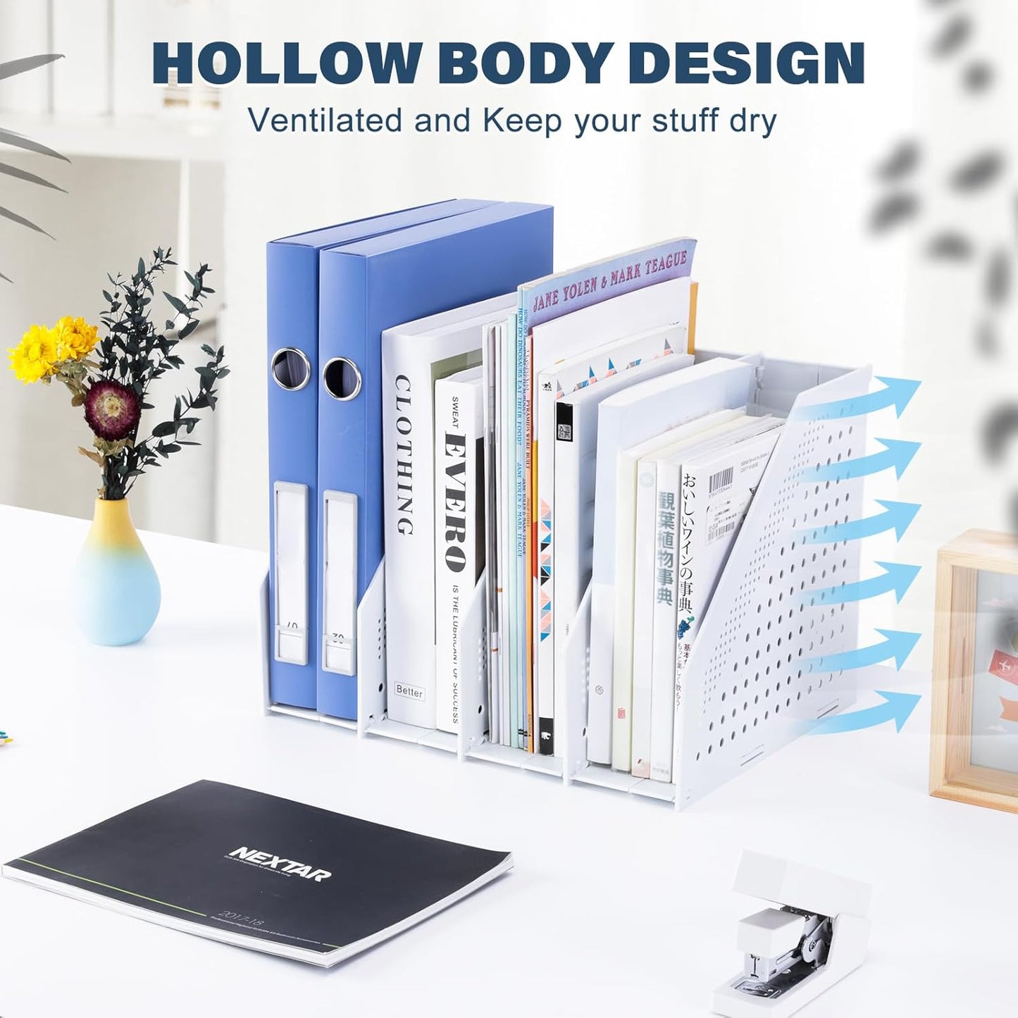 FRETONBA Collapsible Magazine File Holder with 2 Vertical Compartments Foldable Binder Holder for Desk Binder Storage Organizer Plastic Magazine Holders for Shelf, Light Gray