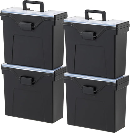 IRIS USA File Box with Lid File Organizer for Letter File w/Organizer-Lid, Plastic Mobile Filing Organizer, Water Resistant Document Box, Portable File Box with Handle, Secure Buckle, Lockable, Black
