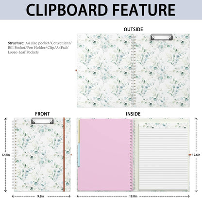 Rimilak Spiral Clipboards Folio with Refillable Lined Notepad, 14.5 x 9.8 In, Hardcover Cover with 5 Interior Pockets, Elastic Band and Pen Loop Series. Cute Stylish Clipfolio, Daisy Flower