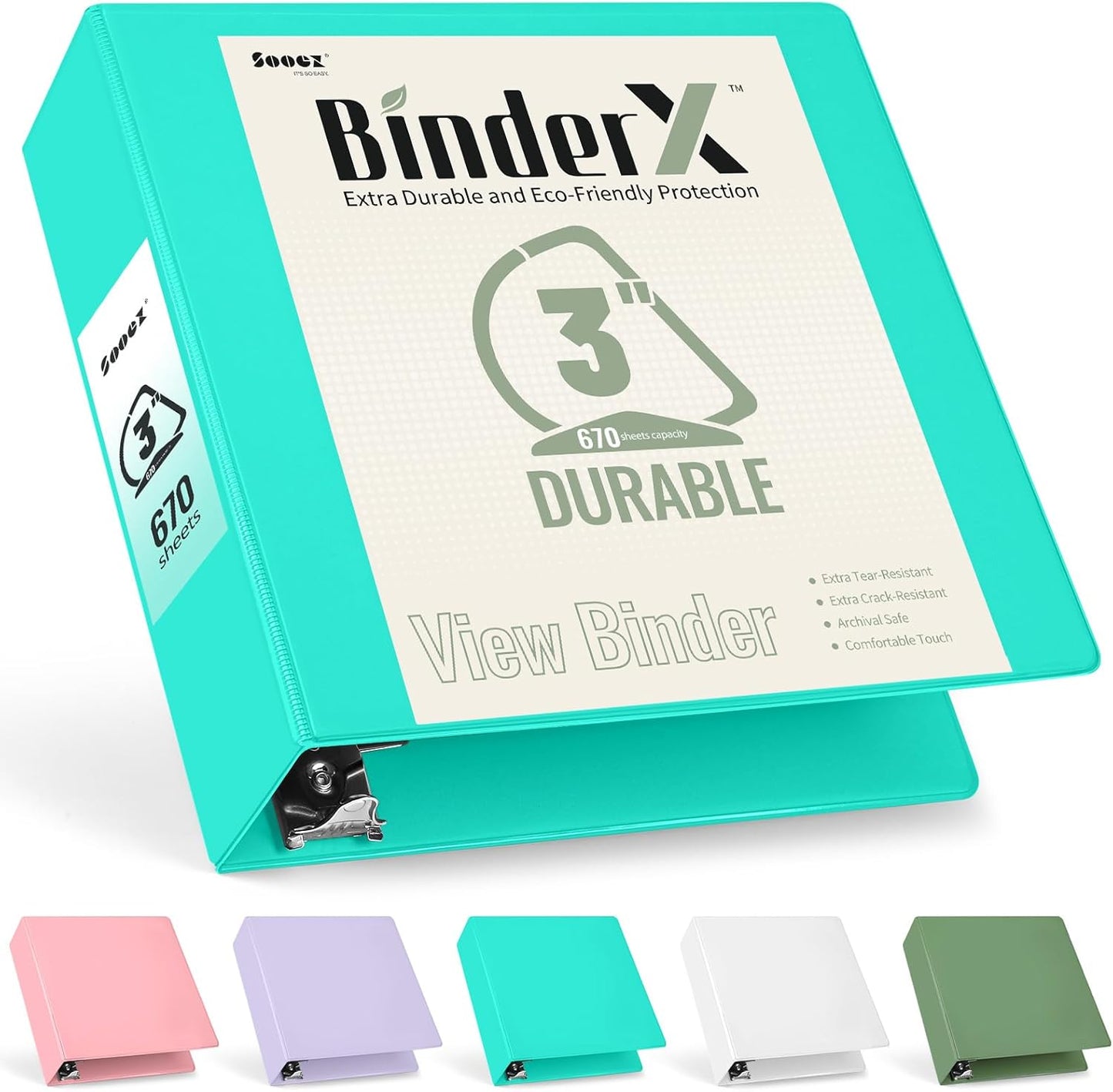 Sooez BinderX Extra Durable 3 Inch 3 Ring Binder, D-Ring Large Binders, Holds 670 Sheets of 8.5x11 Paper, Customizable View Cover with Inside Pockets, Heavy Duty 3 Ring Binder for School, Grey Blue