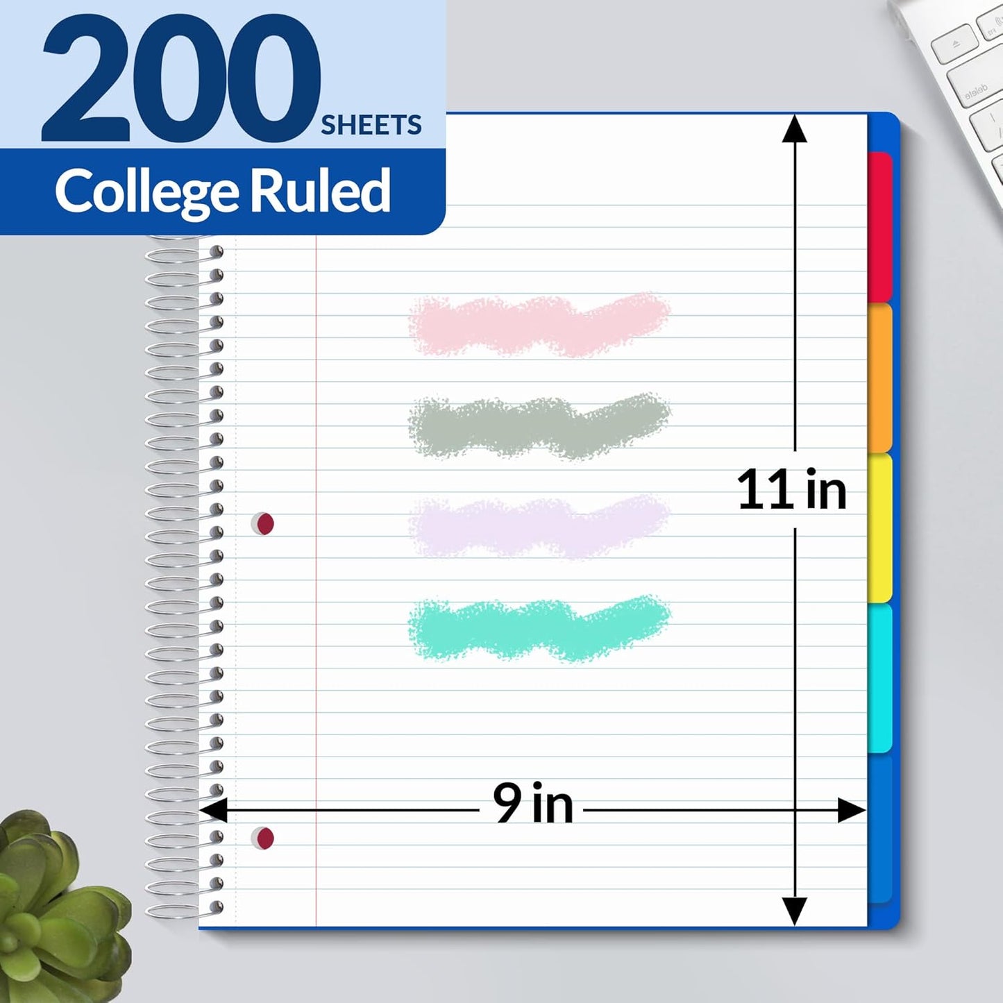 SUNEE 5 Subject Graph Paper Notebook - 400 Pages, 9"x11", 4x4 Graph Ruled Notebook, 5 Pocket Colored Dividers, 3-Hole Punched Paper, Black