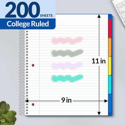 SUNEE 5 Subject Graph Paper Notebook - 400 Pages, 9"x11", 4x4 Graph Ruled Notebook, 5 Pocket Colored Dividers, 3-Hole Punched Paper, Black