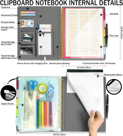 Grey Foldable Spiral Clipboard Folio with Storage Zipper Pouch, 5 Plastic Folders with Pockets,Refillable Lined Notepad (8.5" x 11"), Hardcover Project Organizer with 39 Stickers
