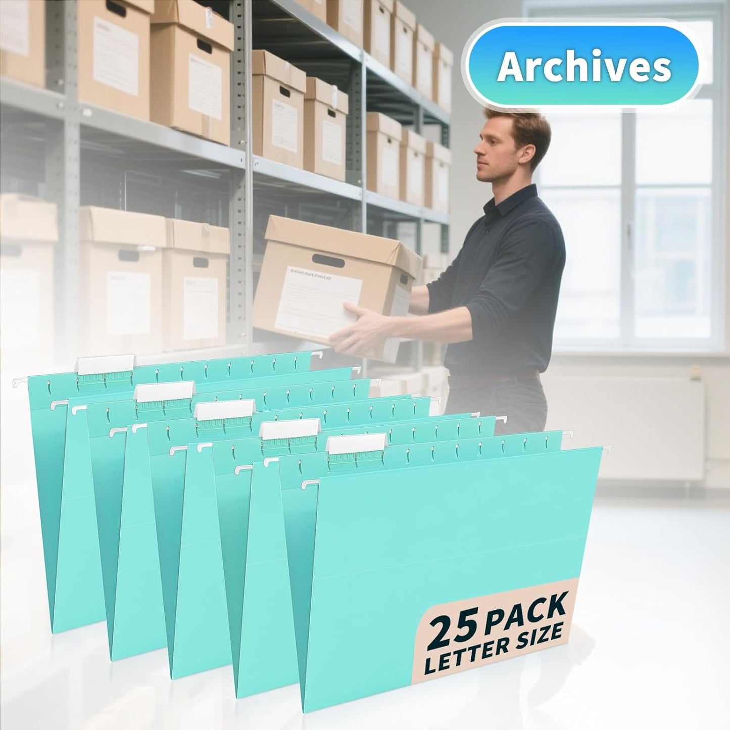 25-Pack Green Hanging File Folders, Letter Size (8.5" x 11") with 1/5-Cut Tabs,Includes 35 Transparent Label Cards & 50 Sticker Labels for Home & Office Organization