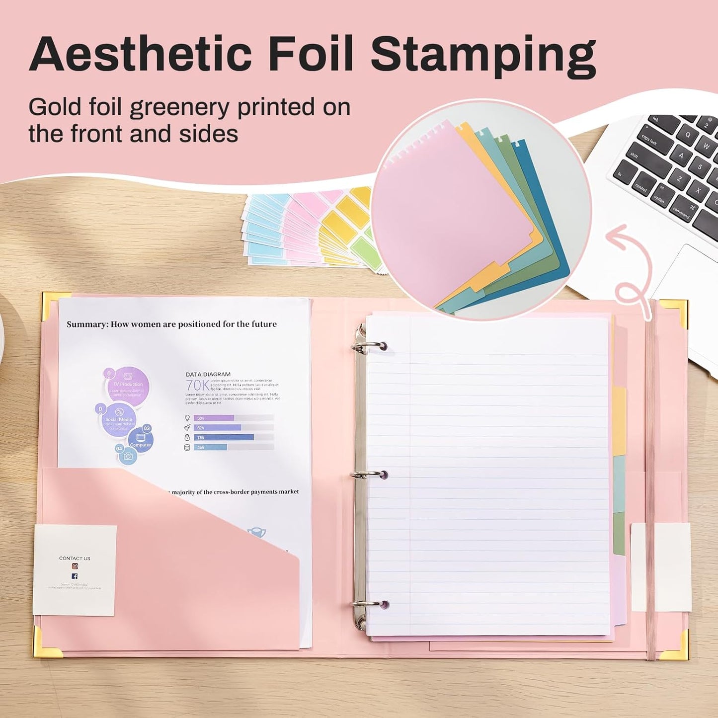 Aesthetic 3 Ring Binder 1 Inch Cute Three Round Rings Binders with Dividers Suitable for 8.5 x 11 Letter Size Paper Loose Leaf Binder with 2 Pockets for School Work