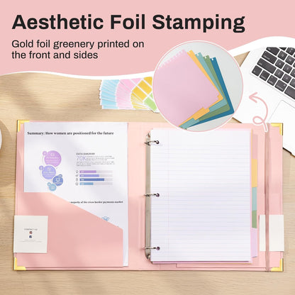 Aesthetic 3 Ring Binder 1 Inch Cute Three Round Rings Binders with Dividers Suitable for 8.5 x 11 Letter Size Paper Loose Leaf Binder with 2 Pockets for School Work